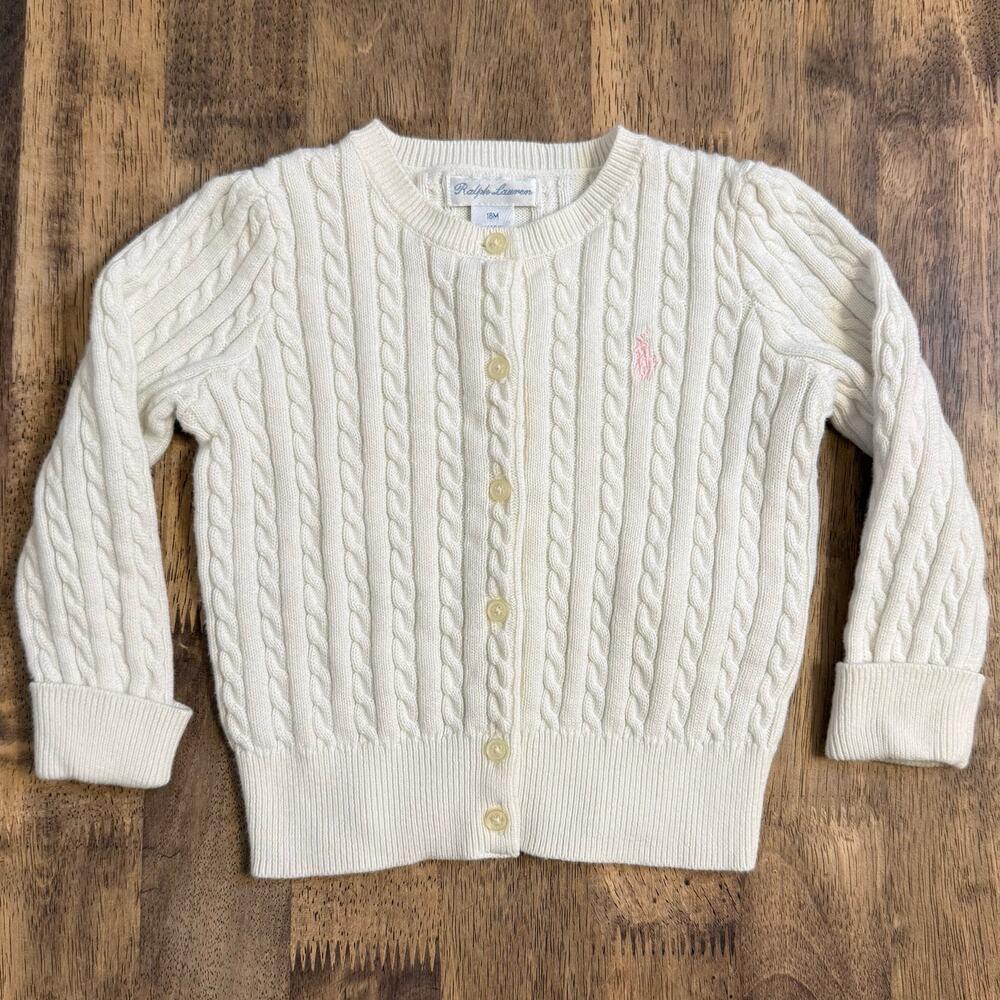 Ralph Lauren Mini-Cable 100% Cotton Cardigan Sweater Logo White Baby 18 Months - Picture 10 of 11